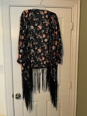 Torrid Black Floral Fringe Kimono Jacket